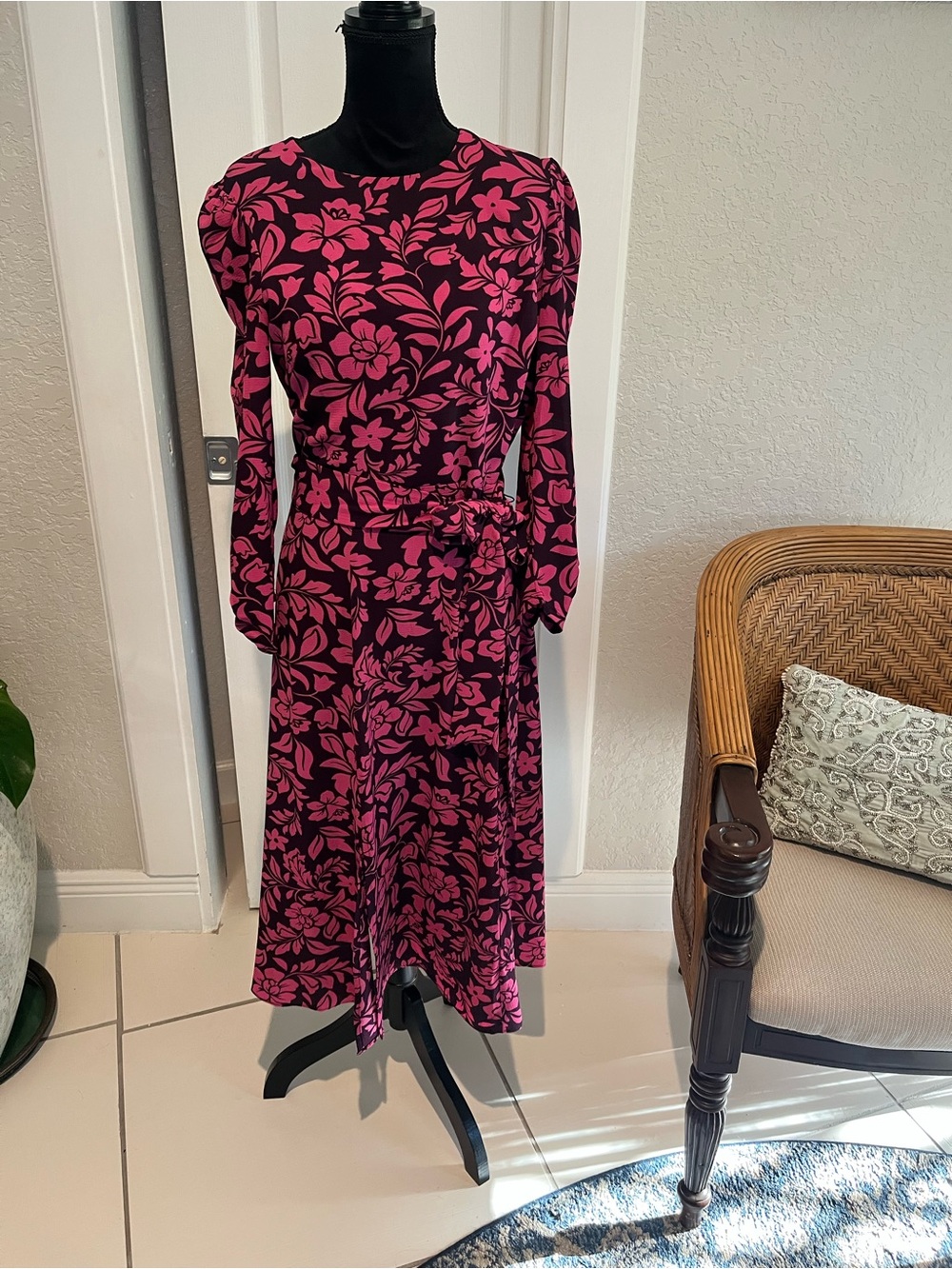 Eliza J Black Dress with Pink Floral Print - Long Sleeve Midi